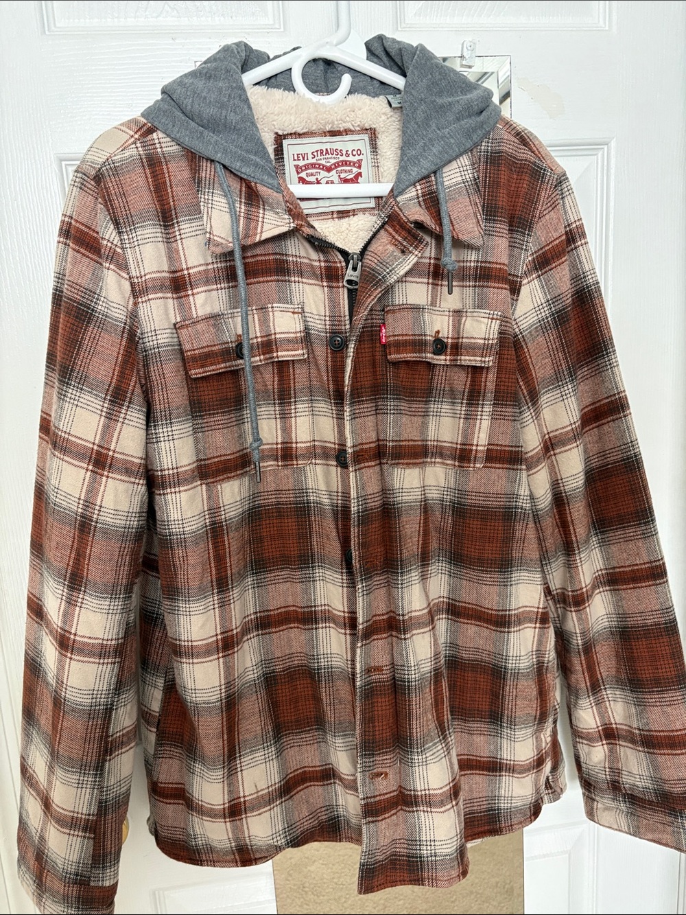 Men’s Levi’s Strauss & Co. Sherpa-Lined Plaid Jacket - Cream & Rust Size M - Picture 1 of 5